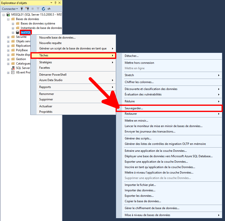 MSSQL Management Studio | Explorateur d'objet, Base de données, Sauevegarder