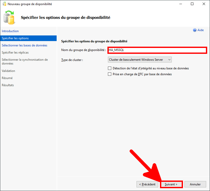 MSSQL Management Studio | assistant de création de groupe de disponibilité, Spécifier les options du groupe de disponibilité