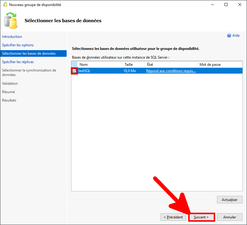 MSSQL Management Studio | assistant de création de groupe de disponibilité, Sélectionner les bases de données
