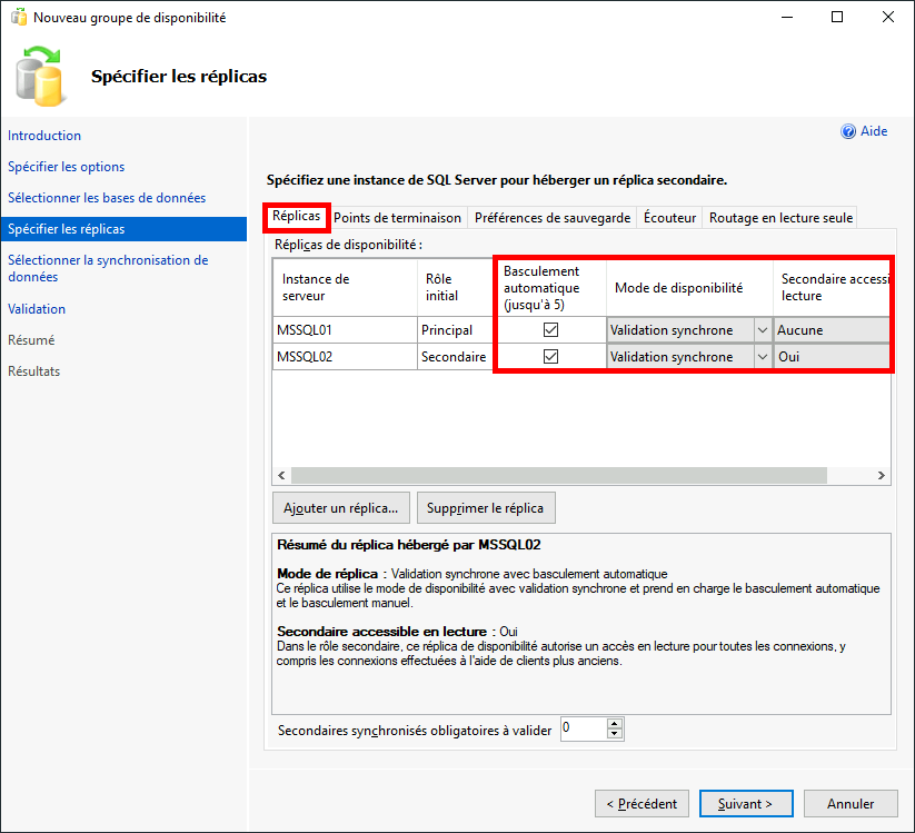 MSSQL Management Studio | assistant de création de groupe de disponibilité, Spécifier les réplicas