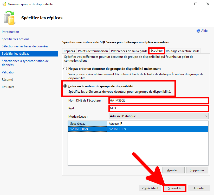 MSSQL Management Studio | assistant de création de groupe de disponibilité, Spécifier les réplicas, onglet écouteur