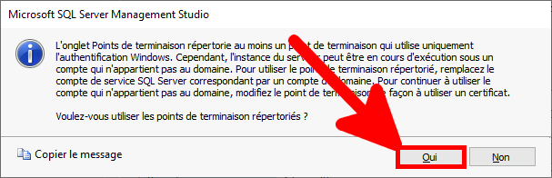 MSSQL Management Studio | assistant de création de groupe de disponibilité, Fenêtre utiliser les points de terminaison répertoriés.