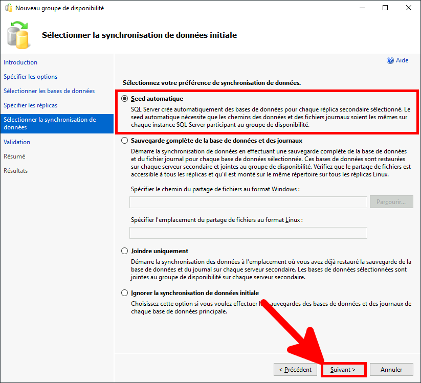 MSSQL Management Studio | assistant de création de groupe de disponibilité, Nouveau groupe de disponibilité, seed automatique