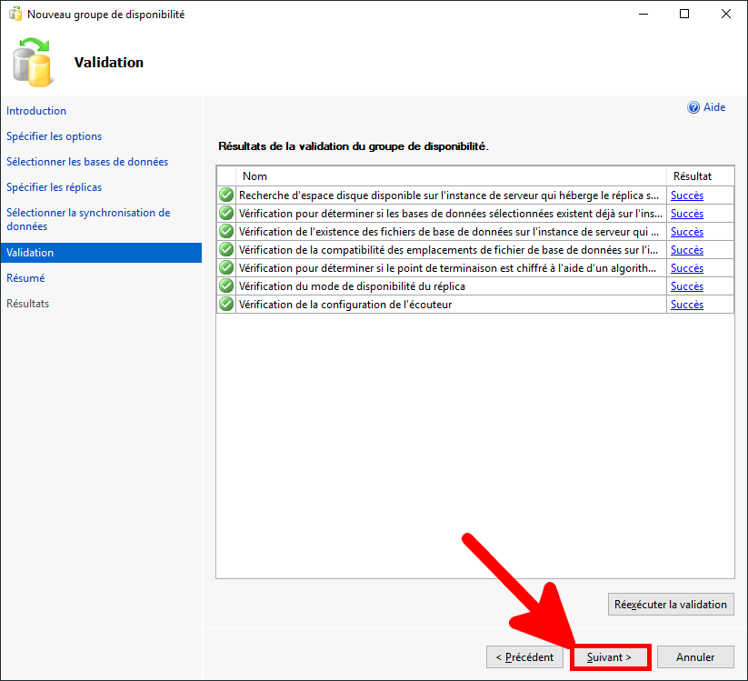 MSSQL Management Studio | assistant de création de groupe de disponibilité, Validation