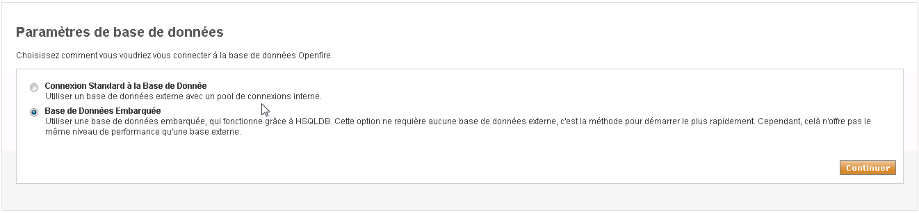 Installation d'OpenFire, paramétrage de la base de données