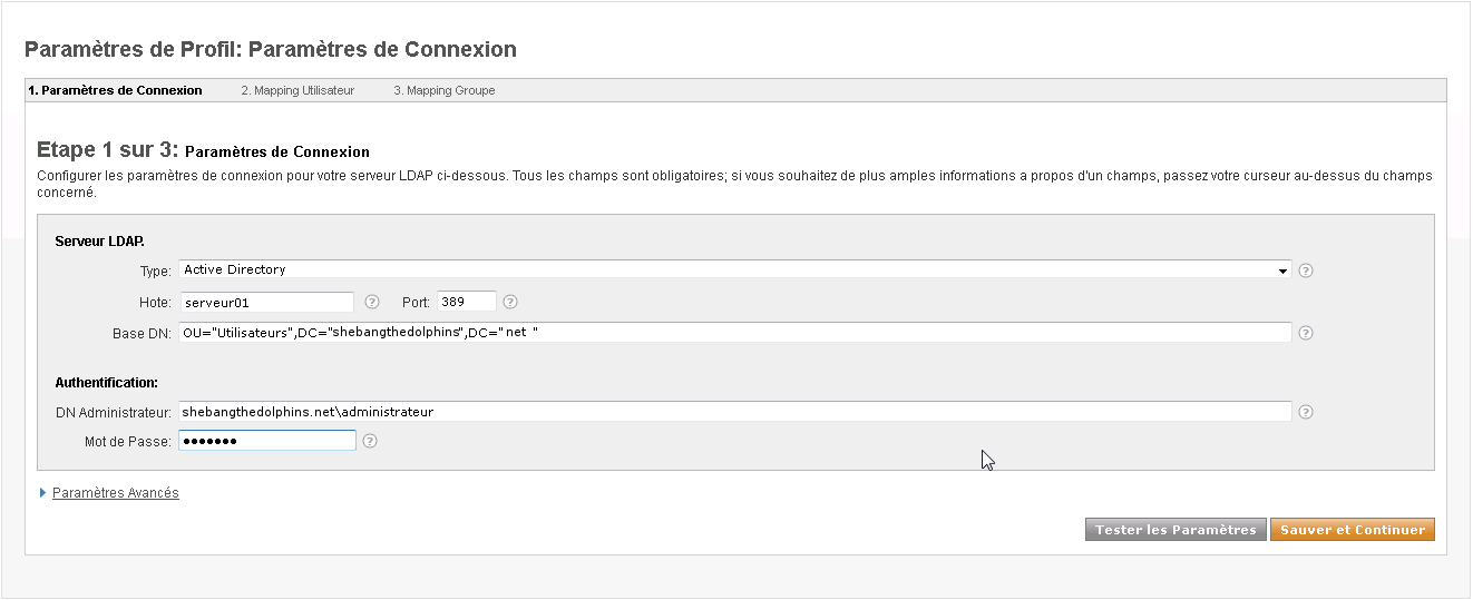 Installation d'OpenFire, phase de paramétrage d'active directory