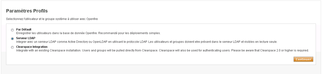 Installation d'OpenFire, phase de paramétrage de la base de données