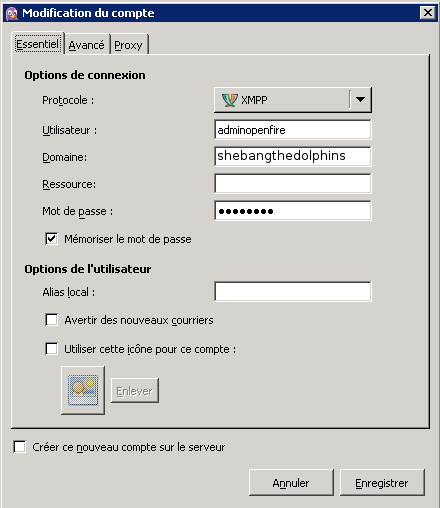 Paramétrage du client OpenFire, onglet Essentiel