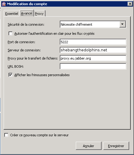 Paramétrage du client OpenFire, onglet Avancé