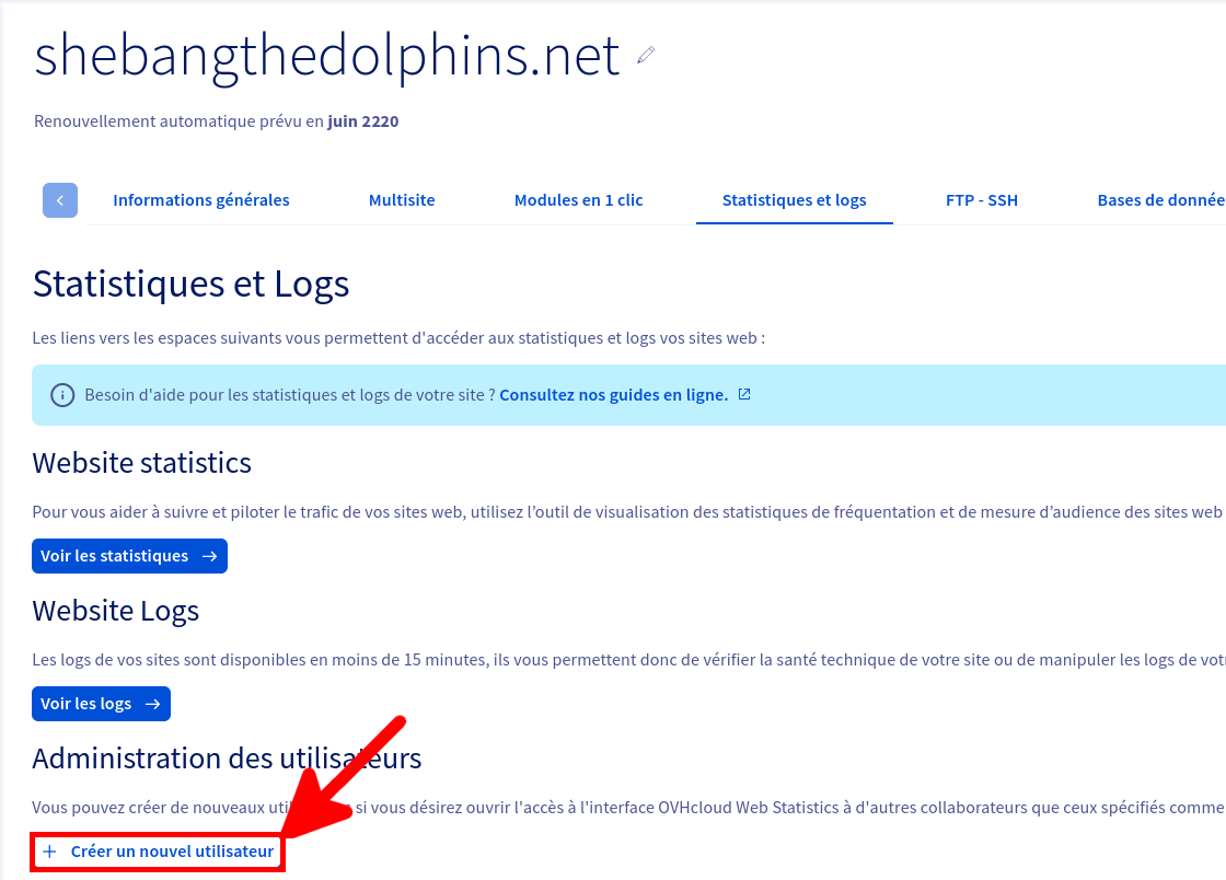 OVH | Hébergement web, création d'un nouvel utilisateur pour les statistiques et logs.