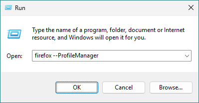 Boîte de dialogue Exécuter de Windows avec la commande pour ouvrir le Gestionnaire de profils Firefox