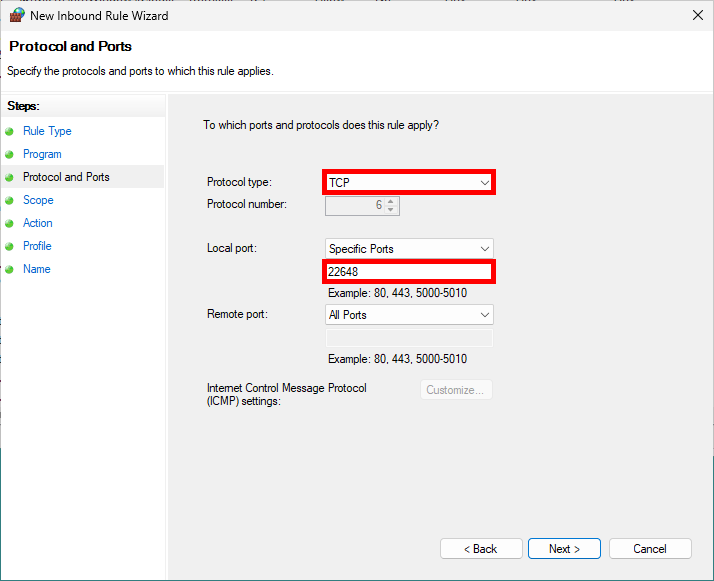 Assistant de création de règle du Pare-feu Windows avec TCP sélectionné et le port local 22648 spécifié
