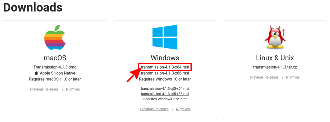 Page de téléchargement de Transmission affichant le programme d’installation MSI x64 pour Windows