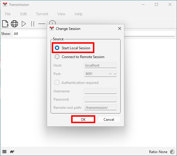 Fenêtre du premier démarrage de Transmission avec l’option Start Local Session sélectionnée
