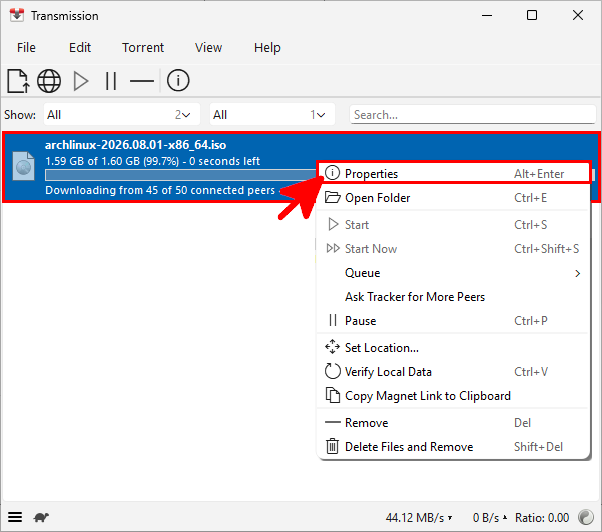 Menu contextuel de Transmission affichant l’option Properties pour un torrent sélectionné