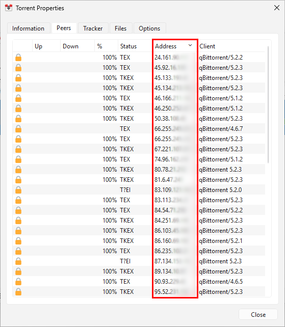 Propriétés d’un torrent dans Transmission affichant l’onglet Peers avec les adresses IP des pairs et les informations sur leur client BitTorrent