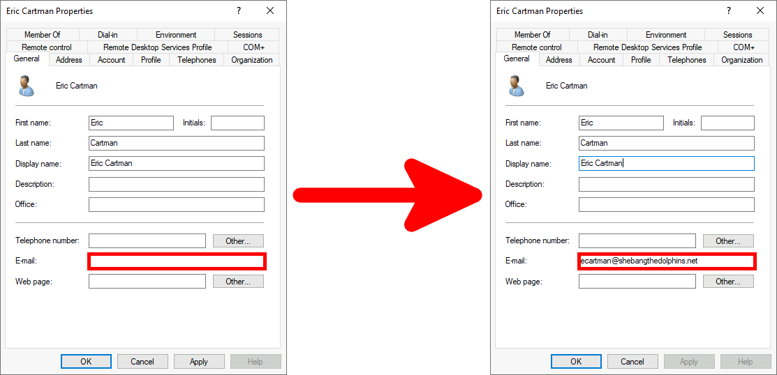 Capture d'écran de comparaison montrant la mise à jour d'un champ d'adresse électronique dans un profil d'utilisateur Active Directory, mettant en évidence la modification apportée au compte d'Eric Cartman.