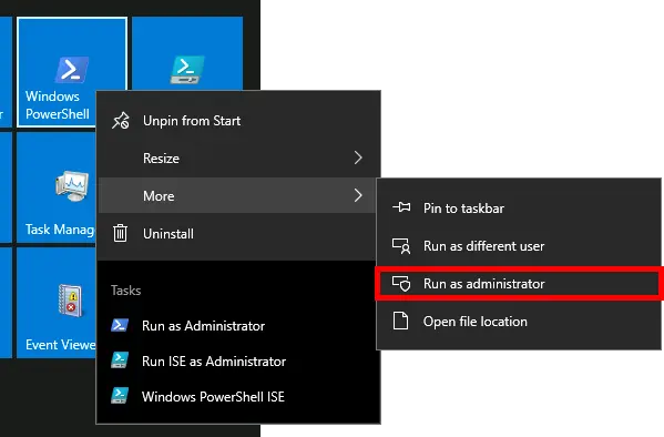 Windows menu showing the Run as administrator option for PowerShell