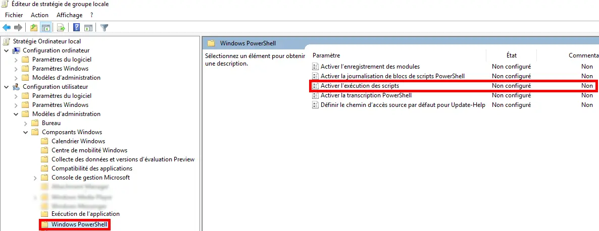 Capture d'écran de l'Éditeur de stratégie de groupe locale montrant l'option Activer l'exécution des scripts dans Windows PowerShell