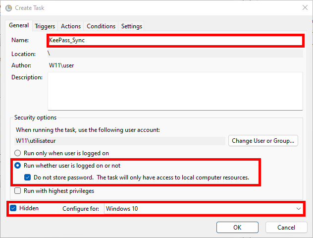 Capture d'écran de la fenêtre Créer une tâche du planificateur de tâches montrant les paramètres généraux avec le nom de la tâche KeePass_Sync et les options d'exécution, que l'utilisateur soit connecté ou non.