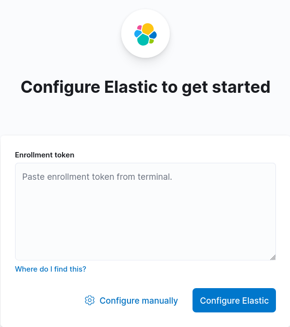 Écran de configuration d’Elastic 9 demandant le jeton d’enrôlement pour configurer le serveur.
