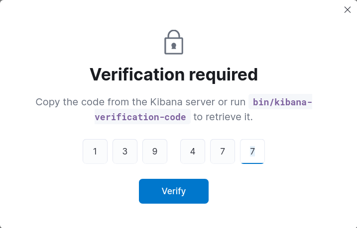 Écran de vérification Kibana d’Elastic 9 demandant le code serveur pour l’authentification.