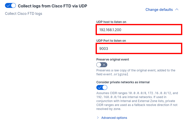 Paramètres de l’intégration Cisco FTD dans Kibana affichant l’hôte UDP et le port pour les logs syslog