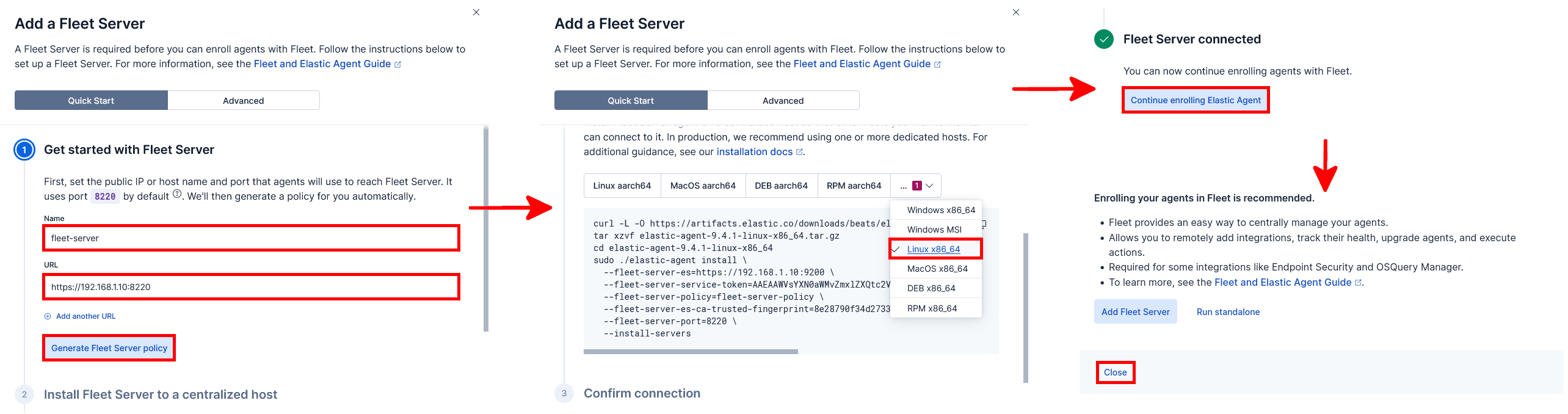Assistant de configuration Fleet Server dans Kibana affichant le nom du Fleet Server, la configuration de l’URL, la sélection de la plateforme Linux x86_64 et la confirmation de l’enrôlement réussi de Fleet Server.