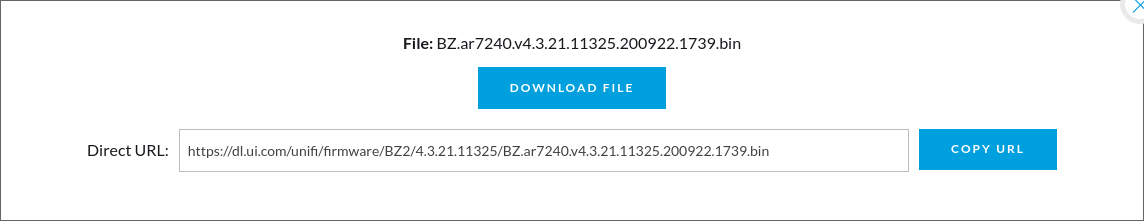 Page de téléchargement du firmware Ubiquiti avec URL directe et bouton de téléchargement du fichier.