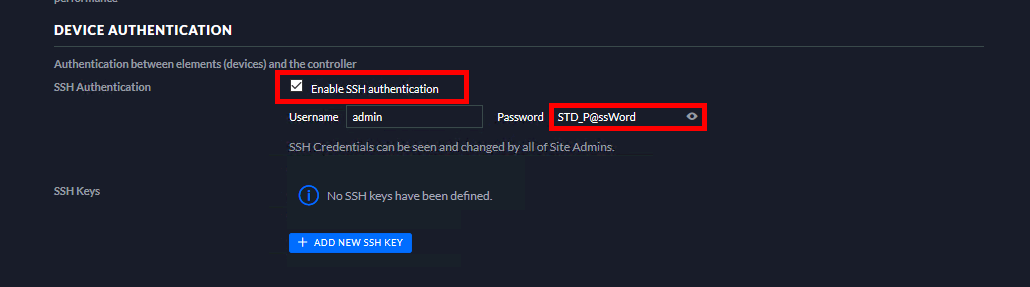 Page de configuration UniFi pour activer l'authentification SSH et définir les informations d'identification.