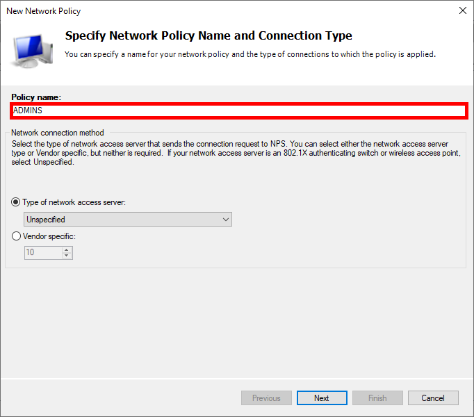 Fenêtre de configuration NPS où la stratégie réseau est nommée 'ADMINS' et le type de serveur d’accès réseau est défini sur Non spécifié.