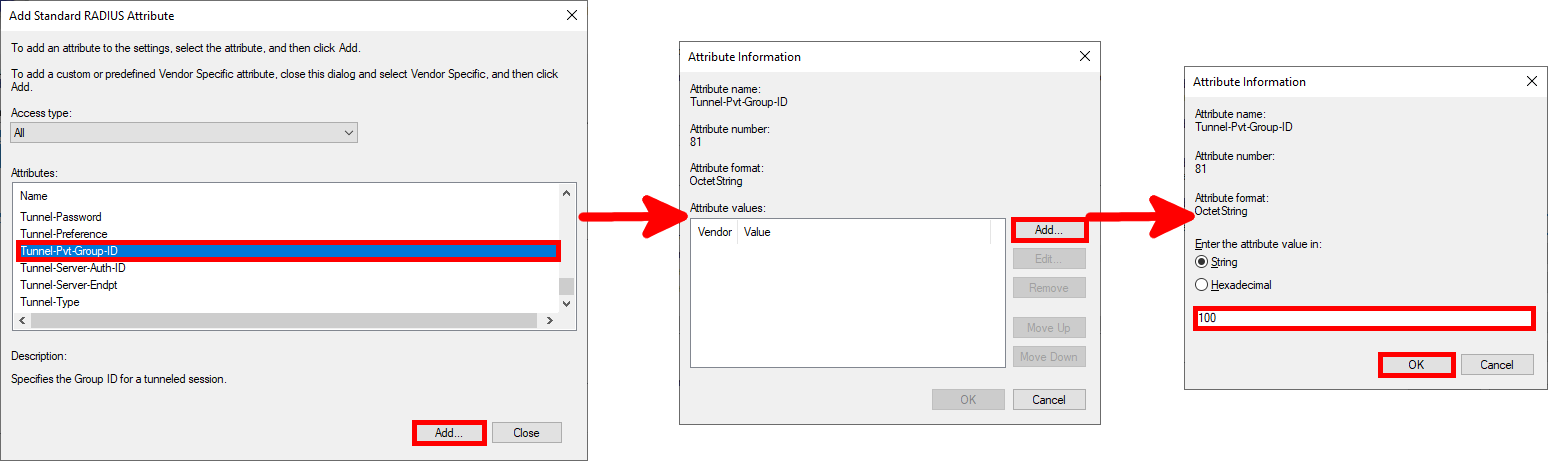 Vue étape par étape de la configuration de l’attribut RADIUS Tunnel-Pvt-Group-ID dans NPS avec la valeur 100 pour l’attribution de VLAN.