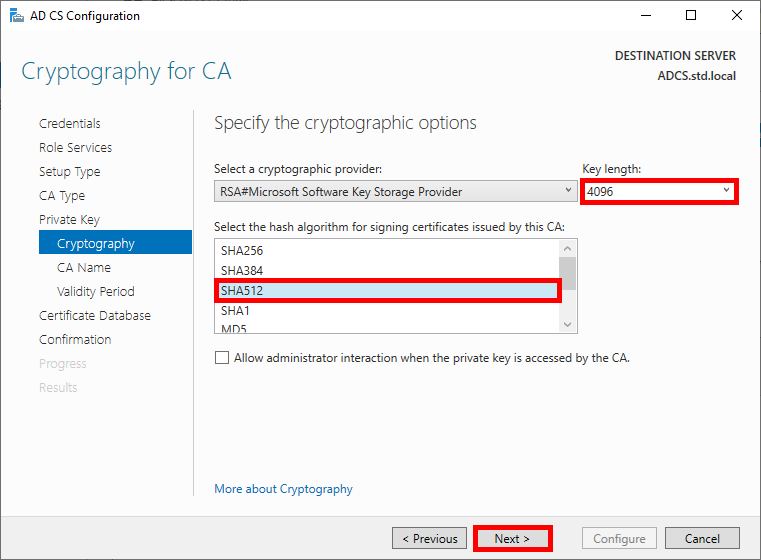 Capture d'écran de la page Cryptographie pour l'autorité de certification dans l'assistant de configuration AD CS, montrant la sélection du fournisseur cryptographique RSA, de la longueur de clé 4096 et de l'algorithme de hachage SHA512.