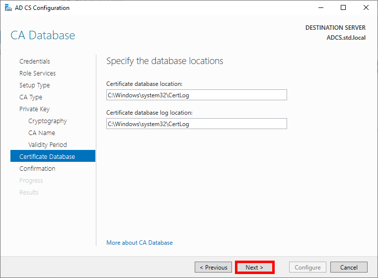 Capture d'écran de la page Base de données CA de l'assistant de configuration AD CS, montrant les emplacements par défaut de la base de données des certificats et des fichiers journaux.