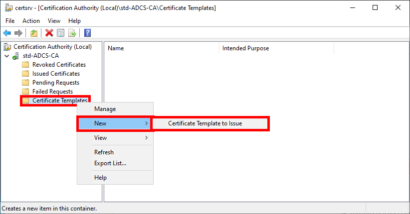 Capture d'écran de la console de l'autorité de certification dans AD CS, montrant l'option d'émission d'un nouveau modèle de certificat sous « Modèles de certificats ».