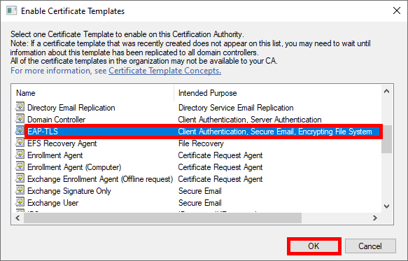 Capture d'écran de la fenêtre Enable Certificate Templates dans AD CS, montrant la sélection du modèle de certificat EAP-TLS à activer.