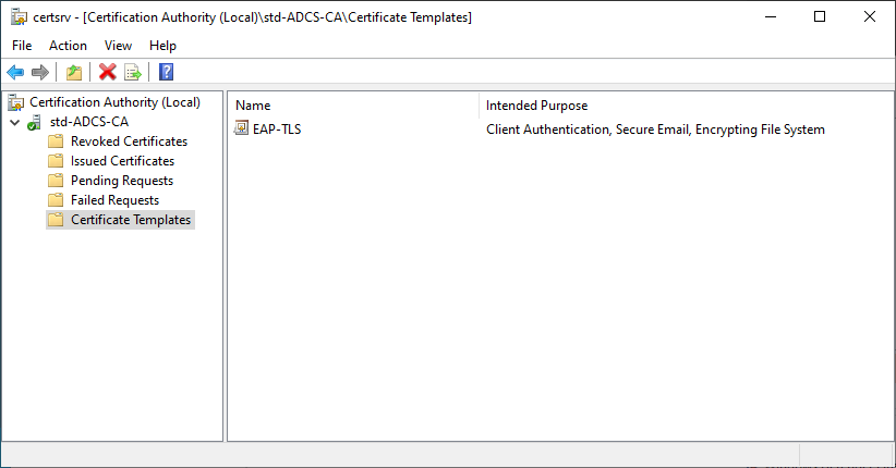 Capture d'écran de la console de l'autorité de certification dans AD CS, montrant le modèle de certificat EAP-TLS activé sous « Modèles de certificats ».