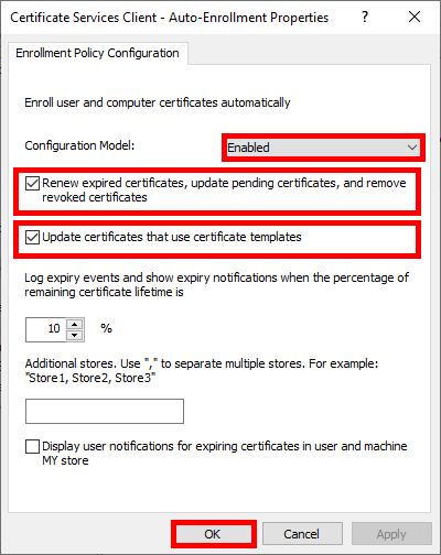 Configuration des paramètres d'inscription automatique pour les certificats d'utilisateur et d'ordinateur dans la stratégie de groupe.