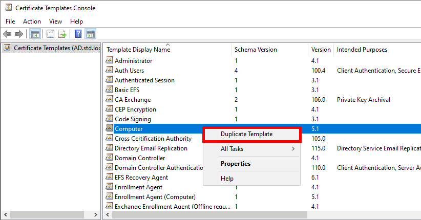 Capture d'écran de la console des modèles de certificats dans AD CS, montrant l'option de duplication du modèle de certificat Ordinateur.