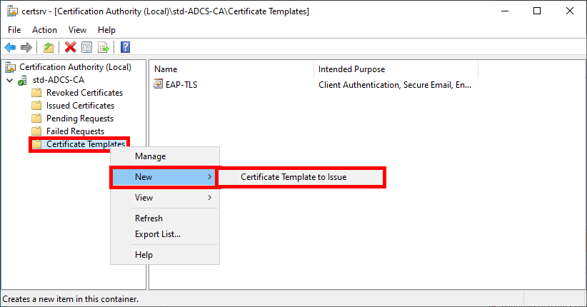 Capture d'écran de la console de l'autorité de certification dans AD CS, montrant l'option d'émission d'un nouveau modèle de certificat sous « Modèles de certificats ».