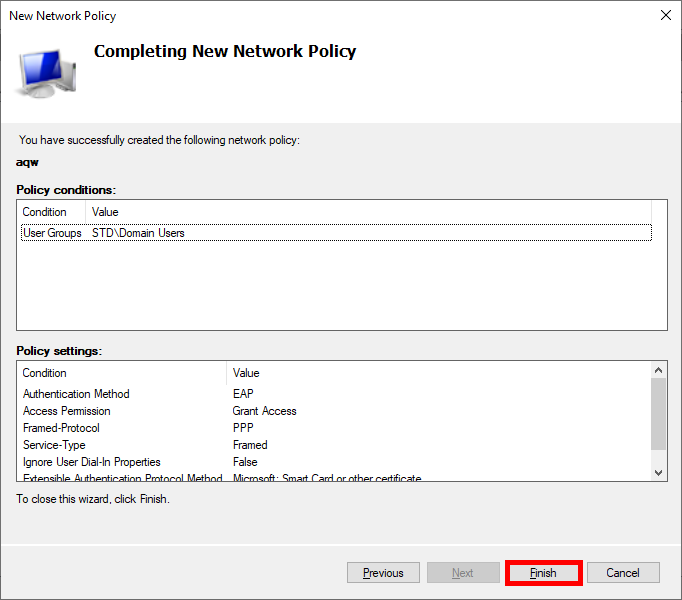 Terminer la configuration de la nouvelle politique de réseau pour Wi-Fi EAP-TLS.