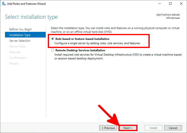 Capture d'écran de l'assistant d'ajout de rôles et de fonctionnalités dans Windows Server, montrant la sélection de « Installation basée sur les rôles ou les fonctionnalités » comme type d'installation.