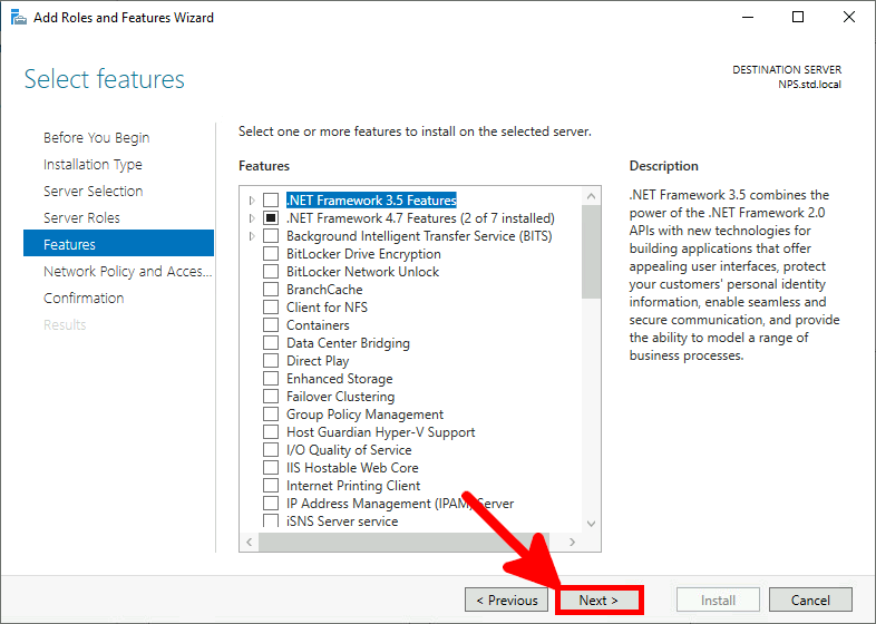 Capture d'écran de l'assistant d'ajout de rôles et de fonctionnalités dans Windows Server, montrant l'étape de sélection des fonctionnalités avec des options telles que .NET Framework 3.5 Features en surbrillance.