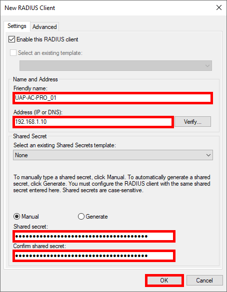 Nouvelle configuration du client RADIUS dans Windows Network Policy Server pour les points d'accès WiFi UniFi, y compris les champs pour le nom amical, l'adresse et le secret partagé.