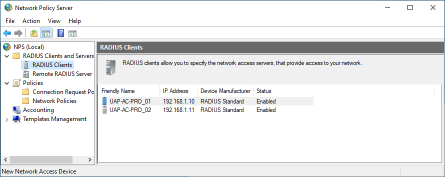 Liste des clients RADIUS configurés dans Windows Network Policy Server, montrant les points d'accès UniFi avec les noms amicaux, les adresses IP et le statut activé pour WPA Enterprise EAP-TLS.