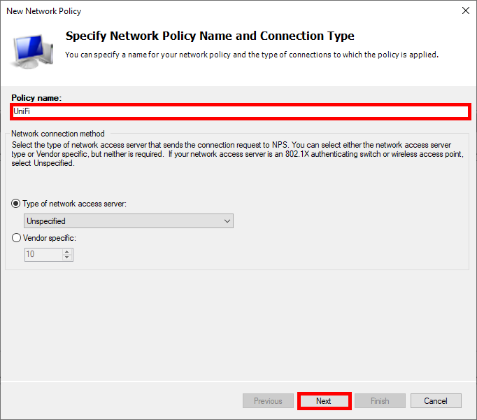 Spécification du nom de la stratégie réseau et du type de connexion dans NPS.