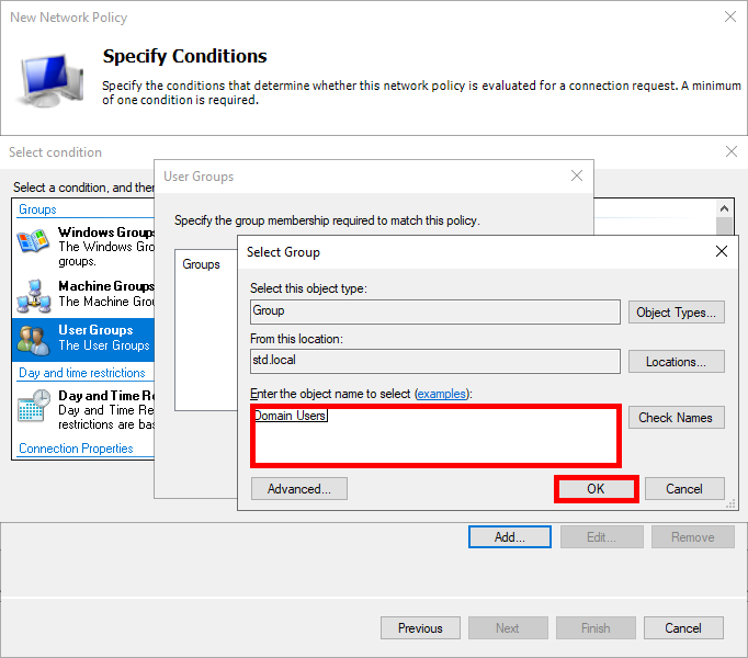 Sélection du groupe Domain Users pour la configuration de la politique Wi-Fi EAP-TLS.