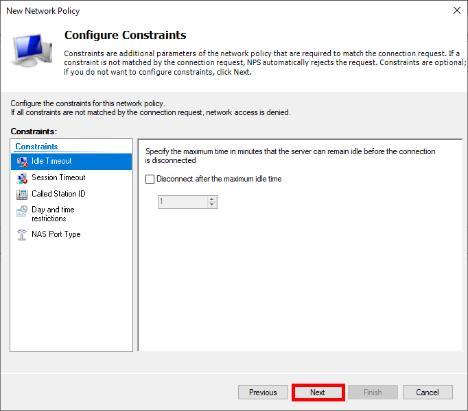 Configuration des contraintes de la stratégie réseau, y compris le délai d'inactivité, pour la mise en place de Wi-Fi EAP-TLS.