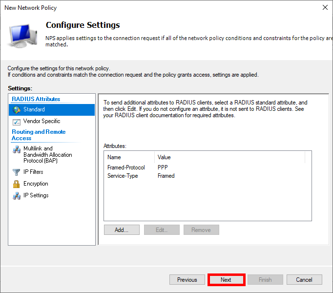 Configuration des attributs RADIUS et des paramètres de stratégie réseau pour la configuration Wi-Fi EAP-TLS.