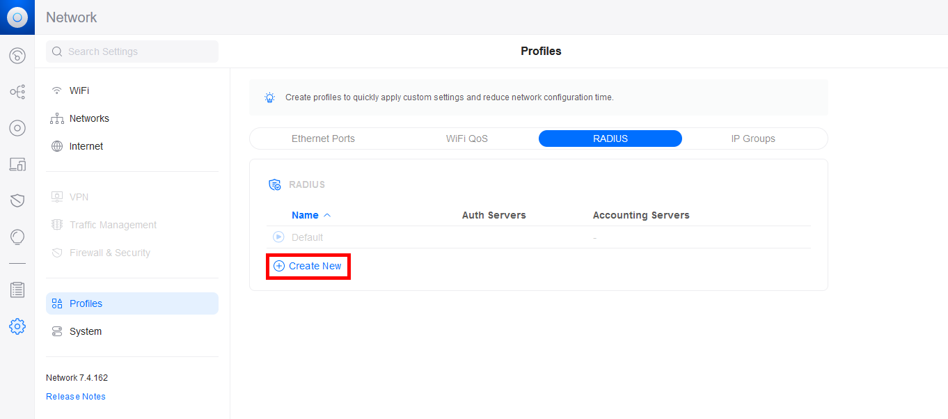 Option permettant de créer un nouveau profil RADIUS pour Wi-Fi EAP-TLS dans les paramètres du réseau.